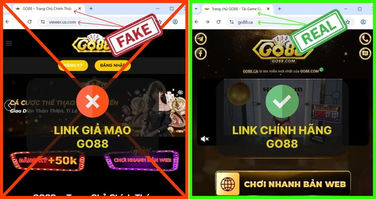 Làm Sao Để Biết Đâu Là Website Go88 Chính Hãng Giữa Ma Trận Giả 2 Logo trang chủ Go88.com thật sắc nét, tông vàng kim chuẩn, trong khi logo giả thường mờ và lệch màu.
